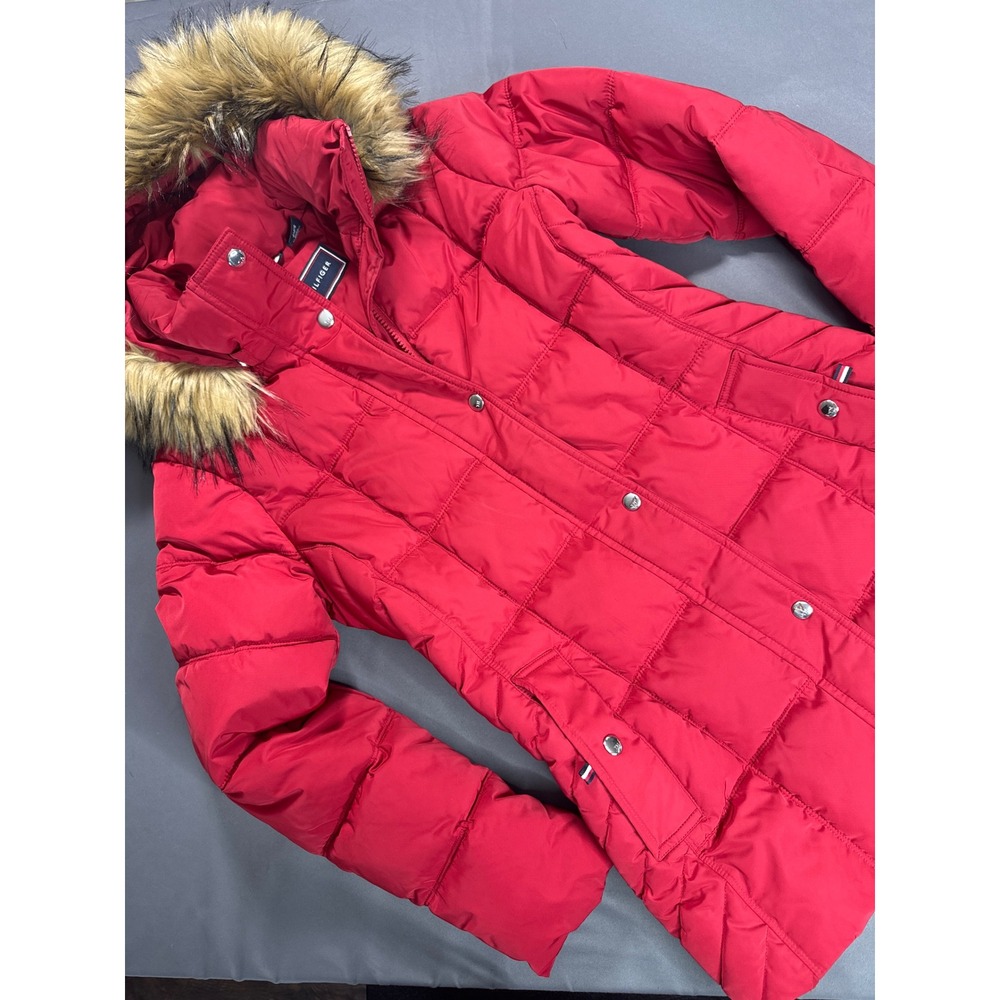 Tommy Hilfiger Womens Red Quilted Puffer Coat Faux Fur Hood Small